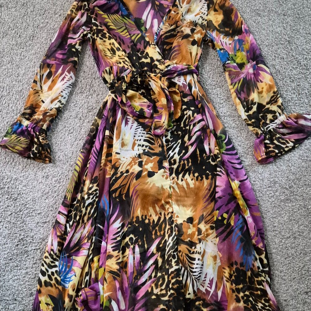 Maxi dress sheer tropical flowy multicolor with animal print size medium